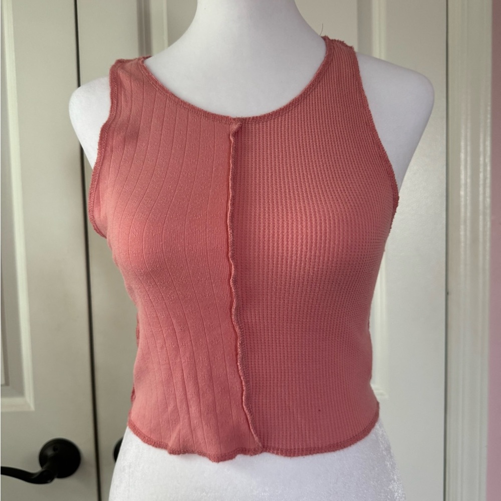 American Eagle Outfitters Pink Ribbed Crop Tank Top